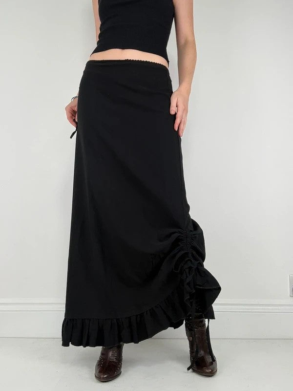 Low waisted black cinched ruffle maxi skirt