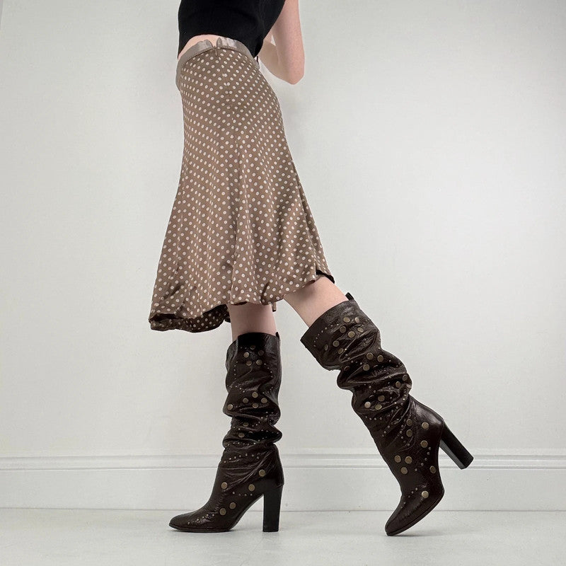 brown silk polka dot midi skirt
