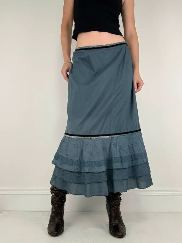 Blue cotton lace tiered maxi skirt