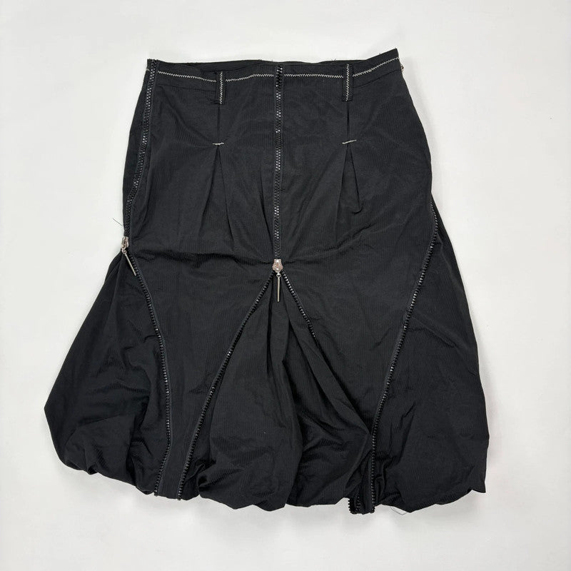 Black structured puff zip midi skirt