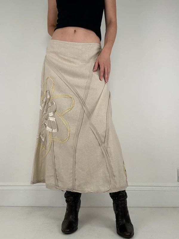 Beige linen flared flower ribbon skirt