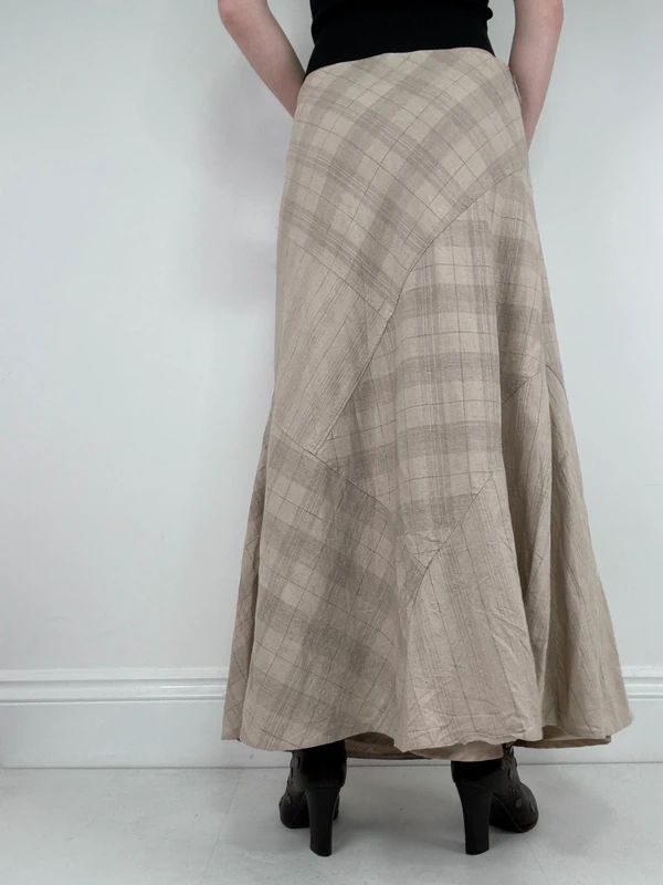 beige linen tartan flared checked maxi skirt