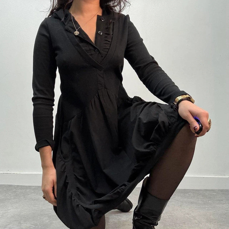 black gathered puff shirt dress