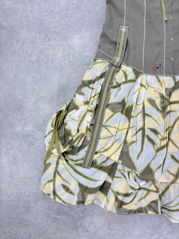 Cargo khaki patterned toggle midi puff dress