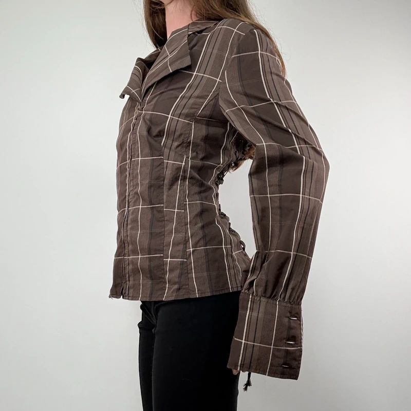 Brown tartan Asymmetric corset Shirt