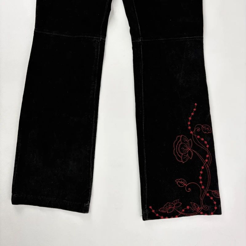 black suede embroidery flared trousers