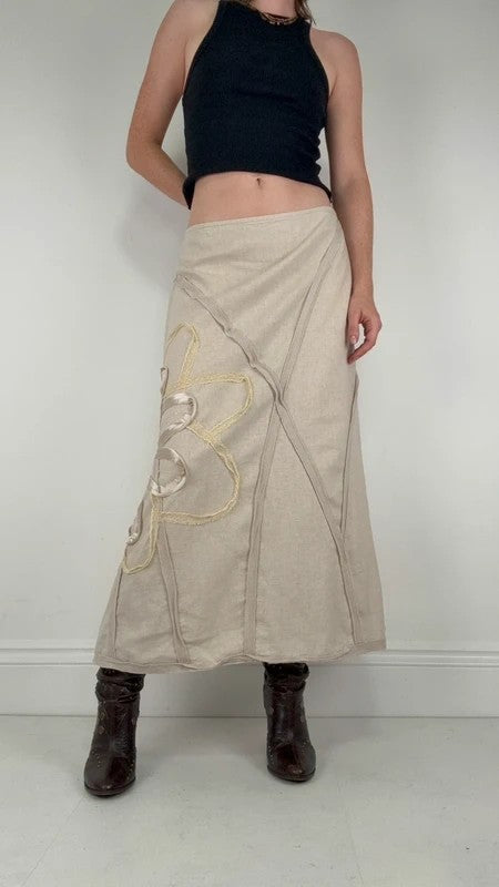 Beige linen flared flower ribbon skirt