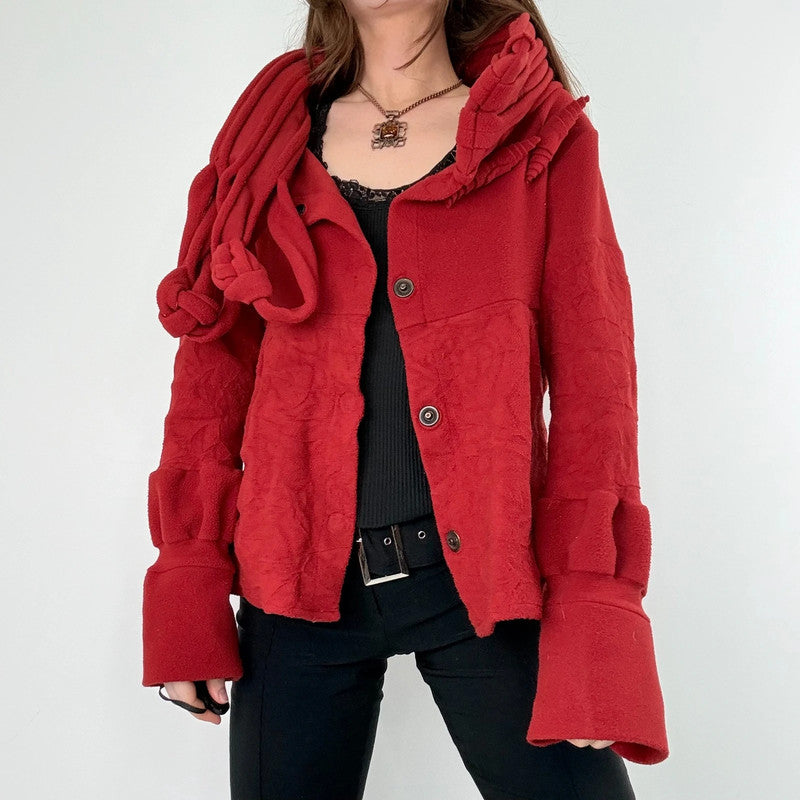 asymmetric red flared fleece jacket