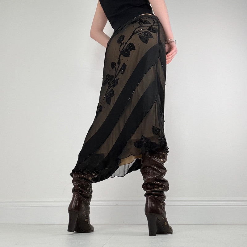black silk floral flutter skirt