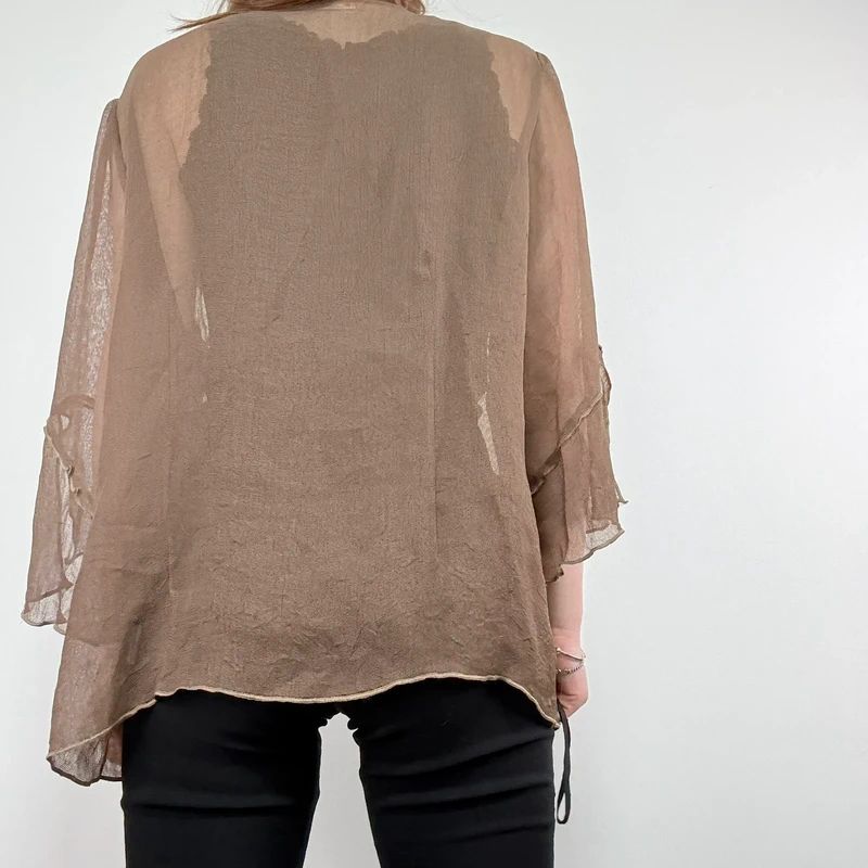 brown ruffle mesh slouchy flare shirt