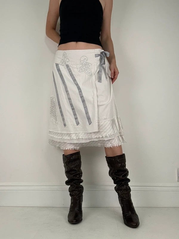 White fray patchwork asymmetrical bow midi skirt
