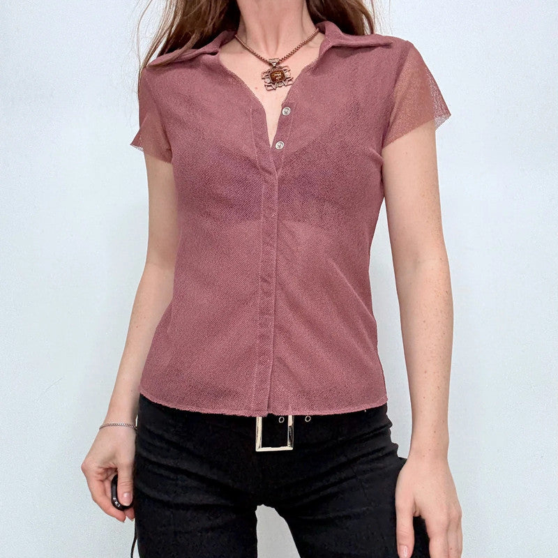 pink sheer mesh button shirt