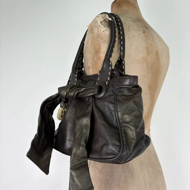 brown leather shimmer bow slouchy Y2K hobo handbag