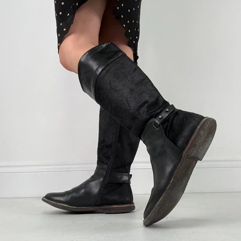 Black leather cowhide pony skin knee high boots