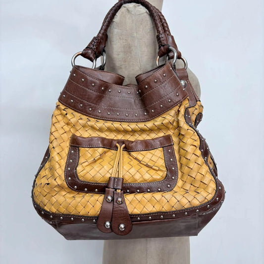 woven leather studded slouchy shoulder bag
