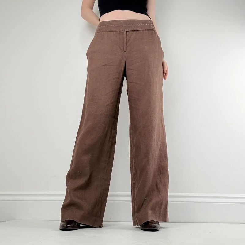 wide leg brown linen trousers