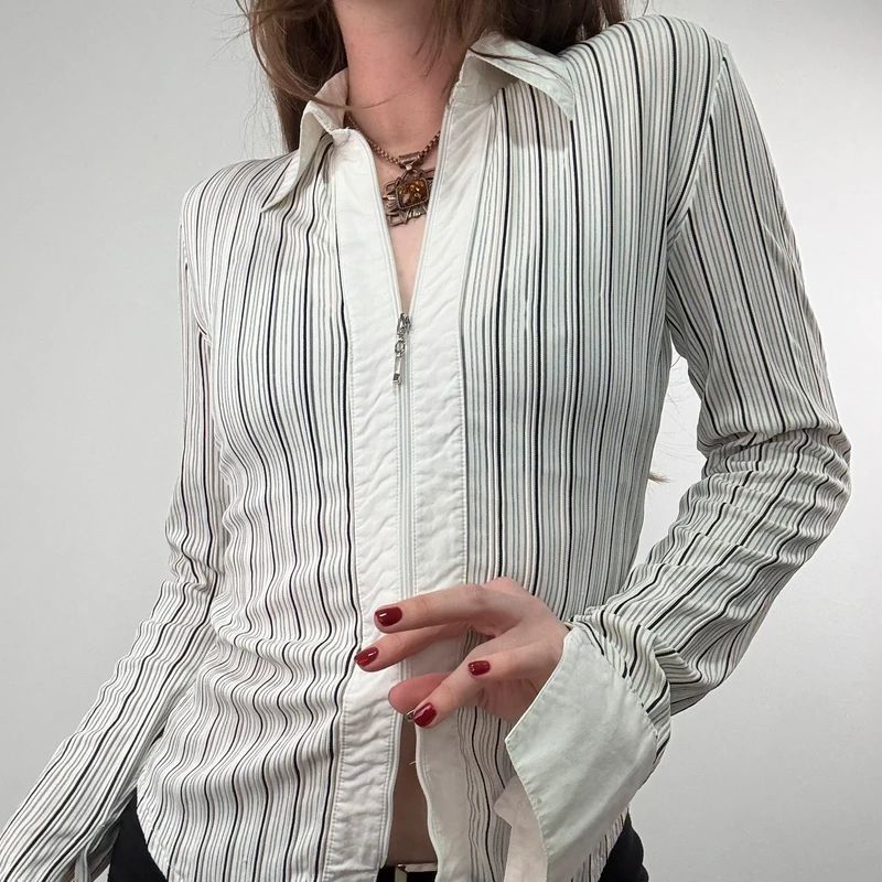 zip through pinstripe fitted white shirt
