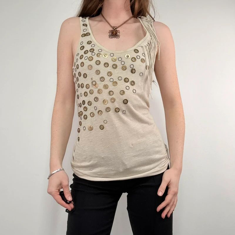 slouchy tan metal studded embelsihed vest top