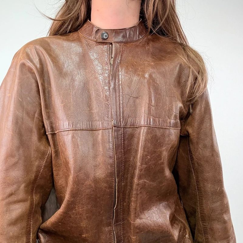 Brown Oversized Leather Bomber Jacket