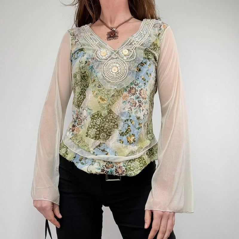 Mesh boho flare paisley print blouse t-shirt