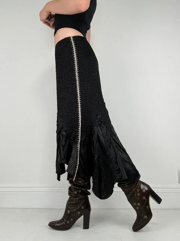 Black crinkle pleated cinched ruffle maxi skirt