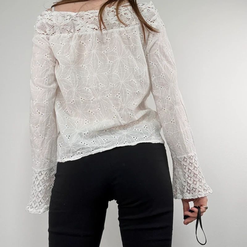 white lace embroidered off the shoulder lace blouse