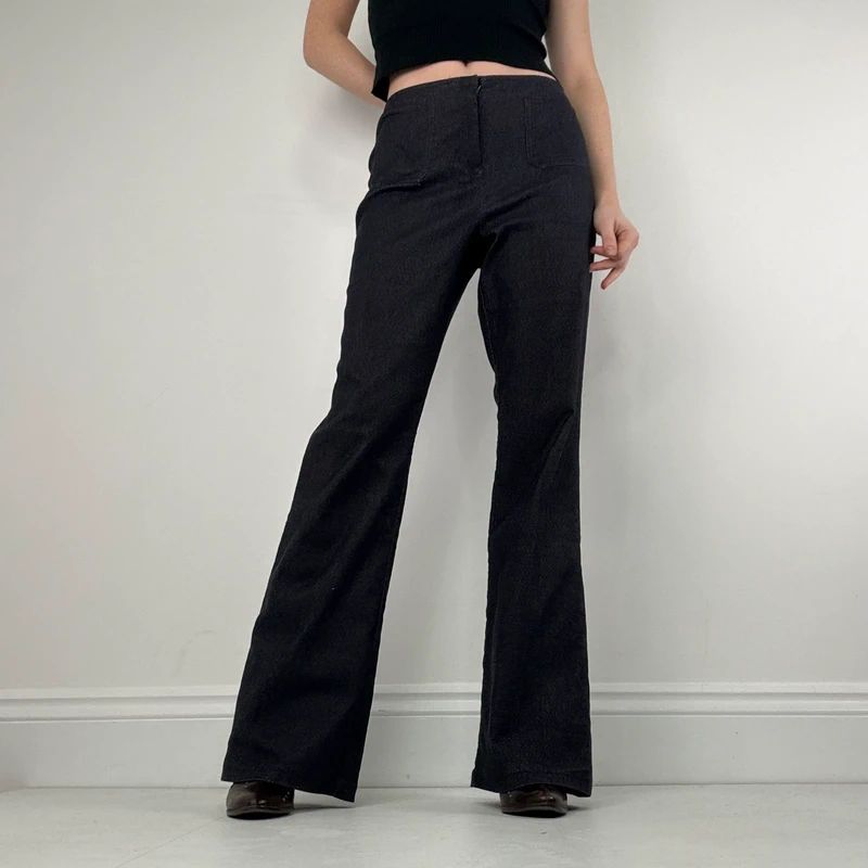 dark denim flared patch pocket trousers