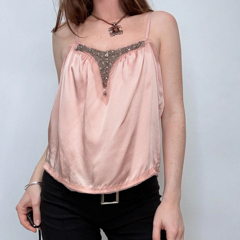 pink silk floaty studded bead neck vest
