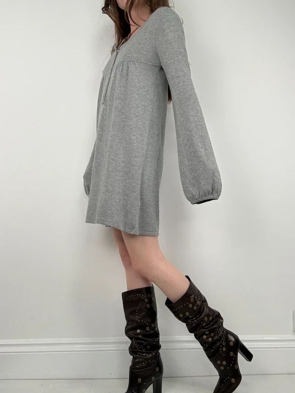 slouchy grey knit long sleeve mini dress