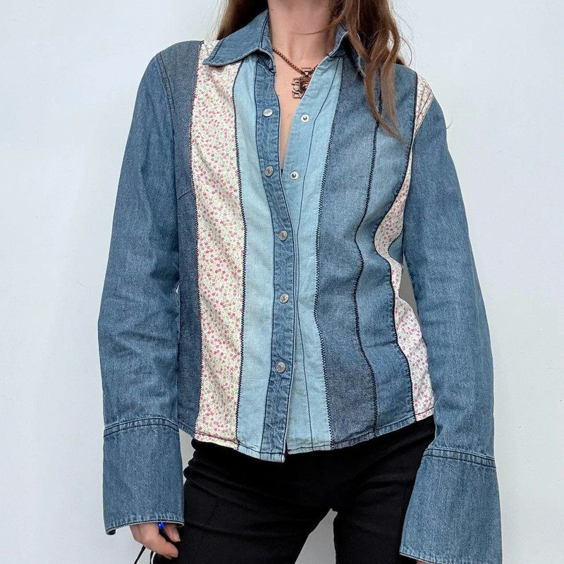 denim striped western floral shirt