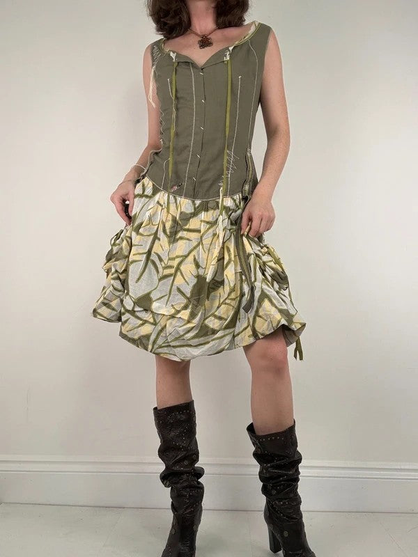Cargo khaki patterned toggle midi puff dress