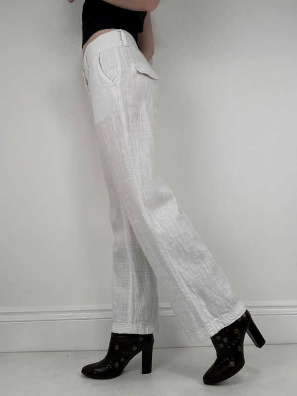 white linen wide leg low rise trousers