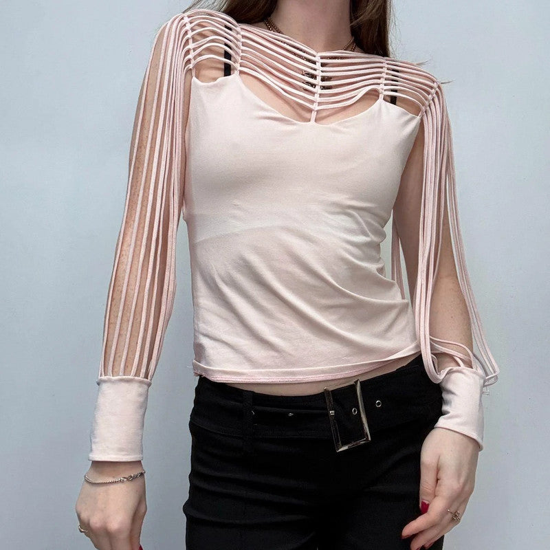 pastel pink cut-out sleeve flared shirt