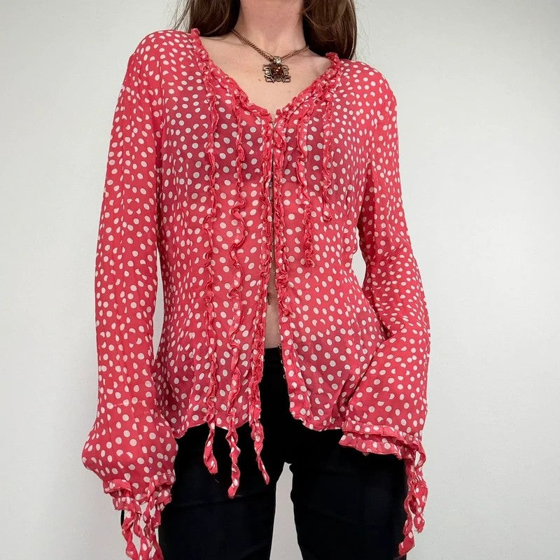 Red polka dot flutter fray blouse with hook and eyes