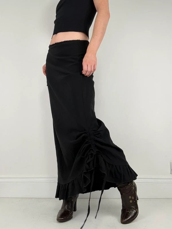 Low waisted black cinched ruffle maxi skirt