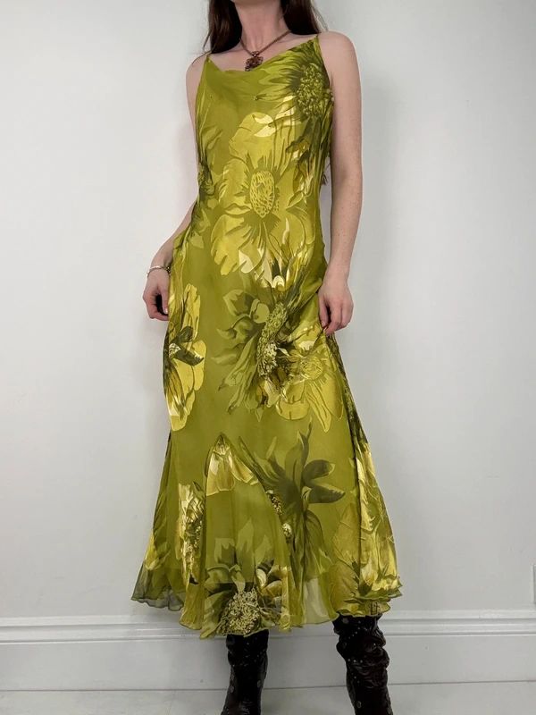 green floral watercolour silk bias cut maxi dress