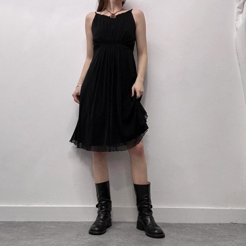 black pleated cinched mini dress