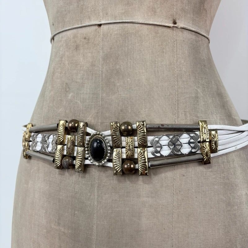 chunky metal boho white leather belt