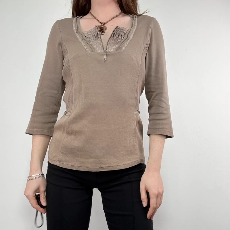 khaki cotton 3/4 length sleeve t-shirt