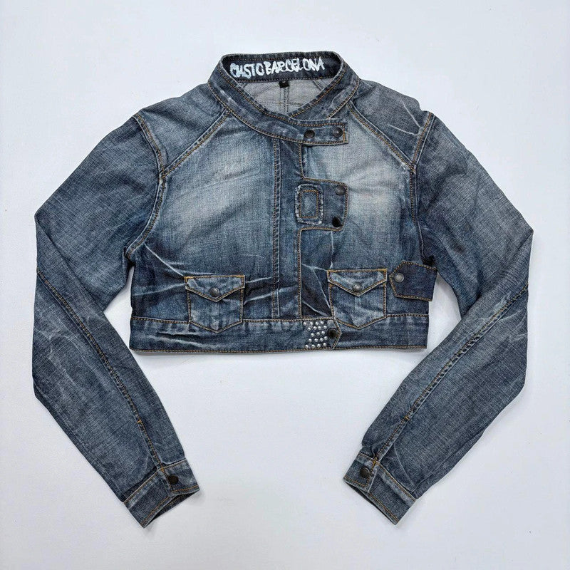 distressed denim cropped utility jacket