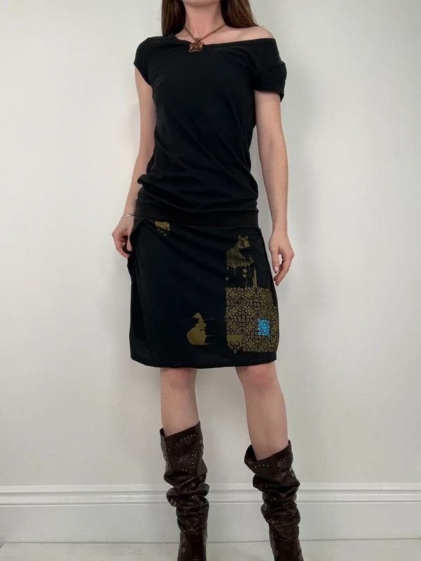 off the shoulder black slouchy drop waist dress