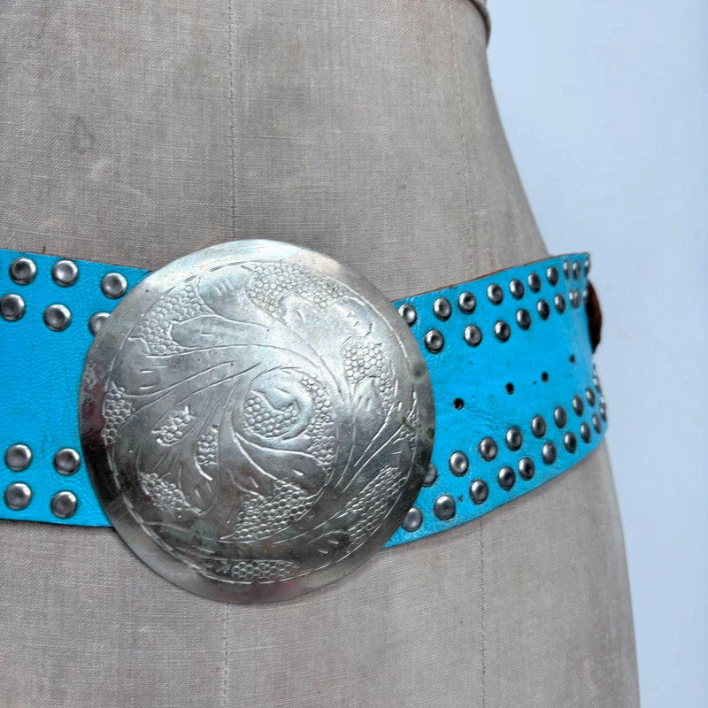 blue western leather studded metal belt