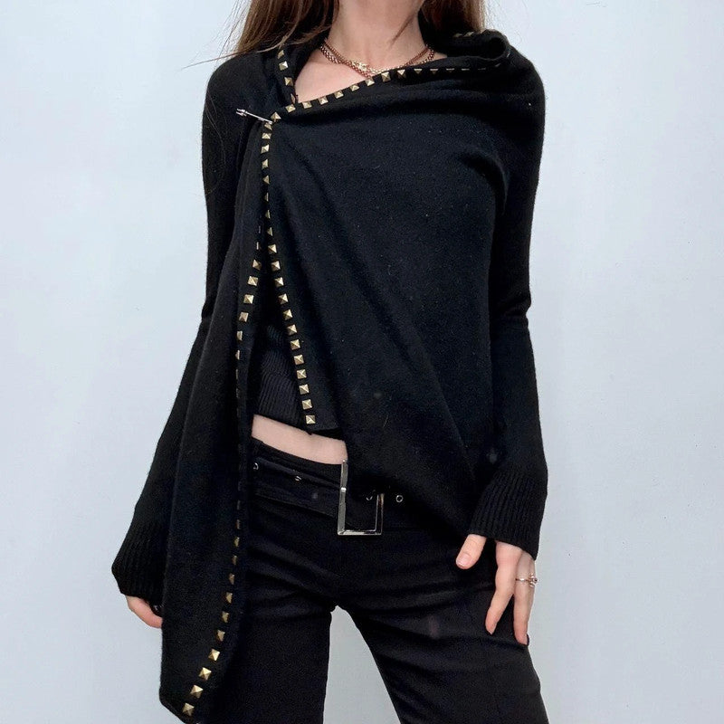 studded asymmetric black drape cardigan