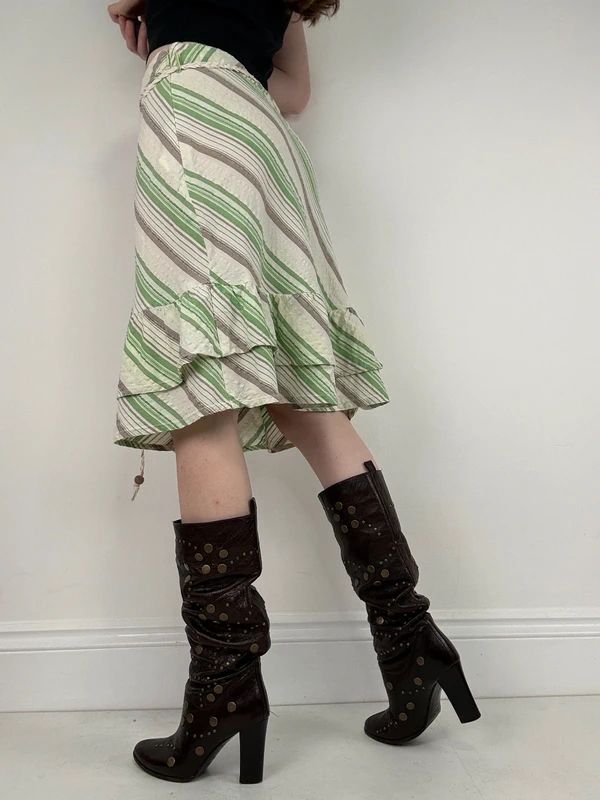Pinstripe ruffle boho Y2K midi skirt