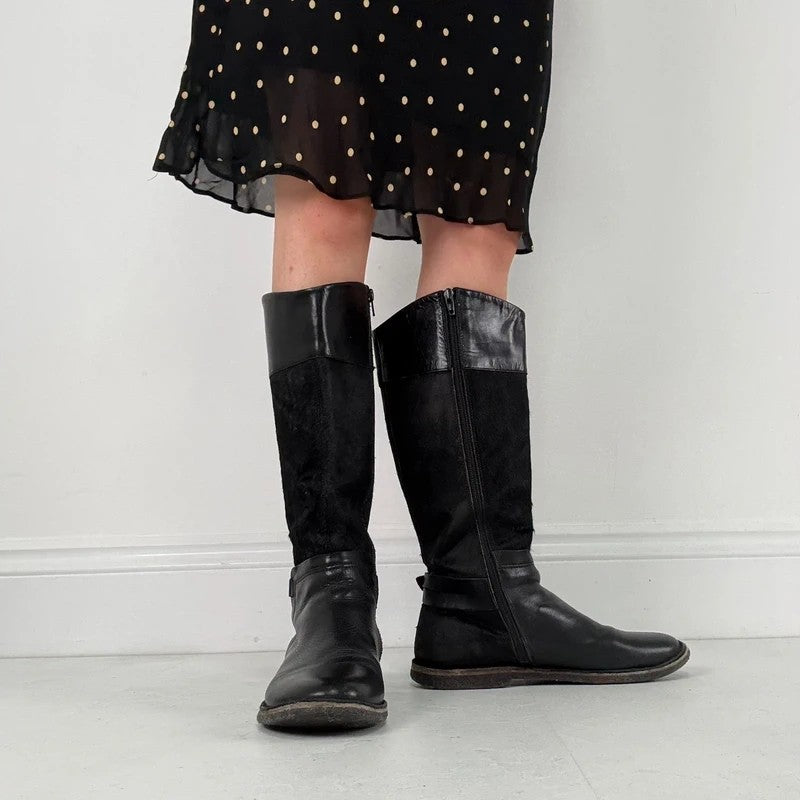 Black leather cowhide pony skin knee high boots
