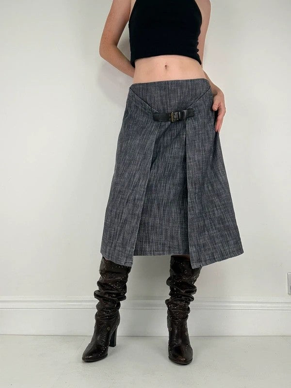 Pleated buckle front denim grunge midi skirt