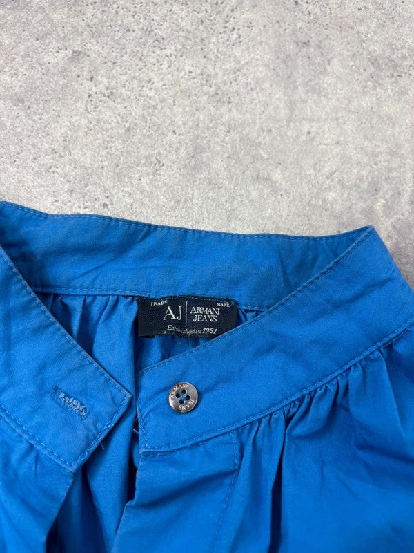 Blue cotton button puff midi shirt dress