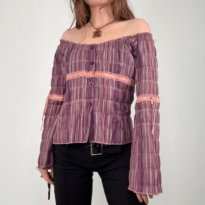 tartan off the shoulder gathered cotton shirt