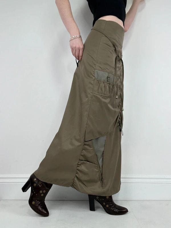 khaki utility gathered maxi skirt
