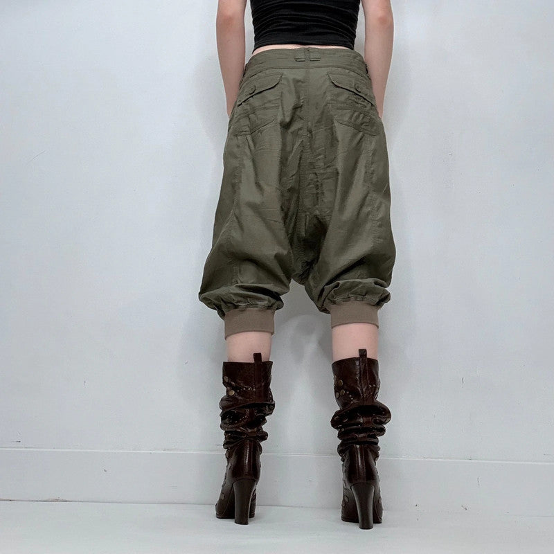 khaki drop crotch pleated balloon capri pants